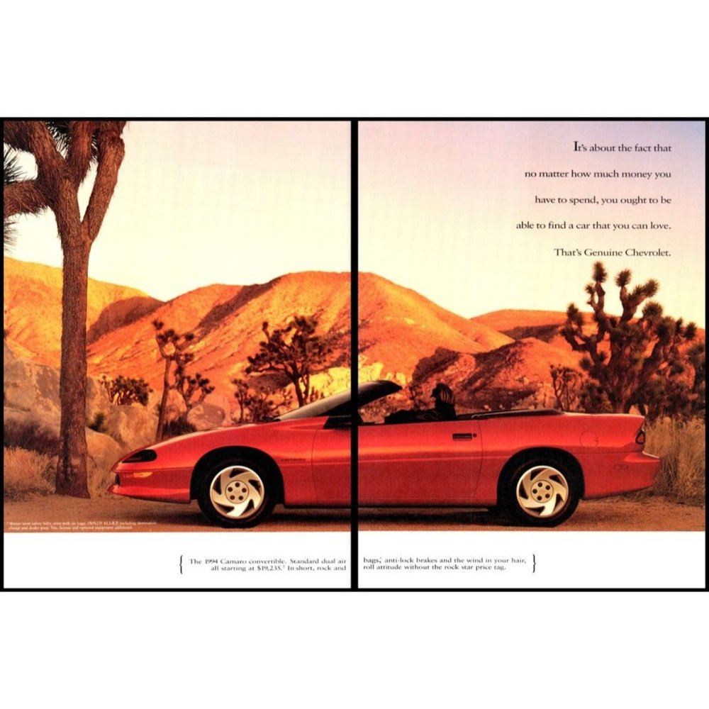 1994 Chevy Camaro Convertible 2 Page Vintage Print Ad Desert Palm Springs Art